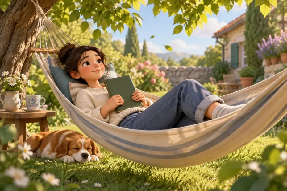 A person relaxes in a hammock under leafy trees during free time.