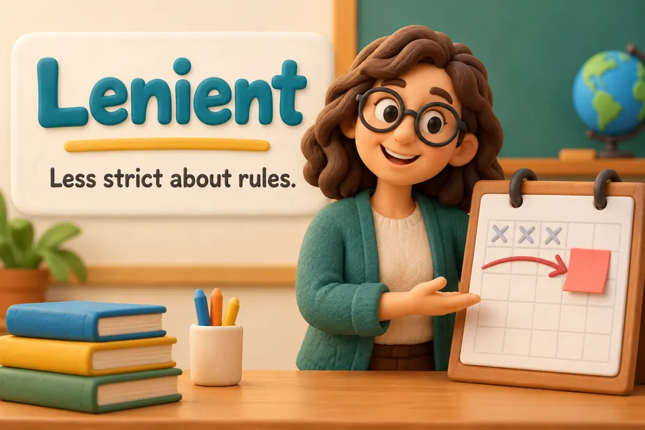 Lenient means less strict about rules.