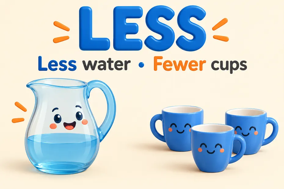 Less water compares an amount; fewer cups compares a count.