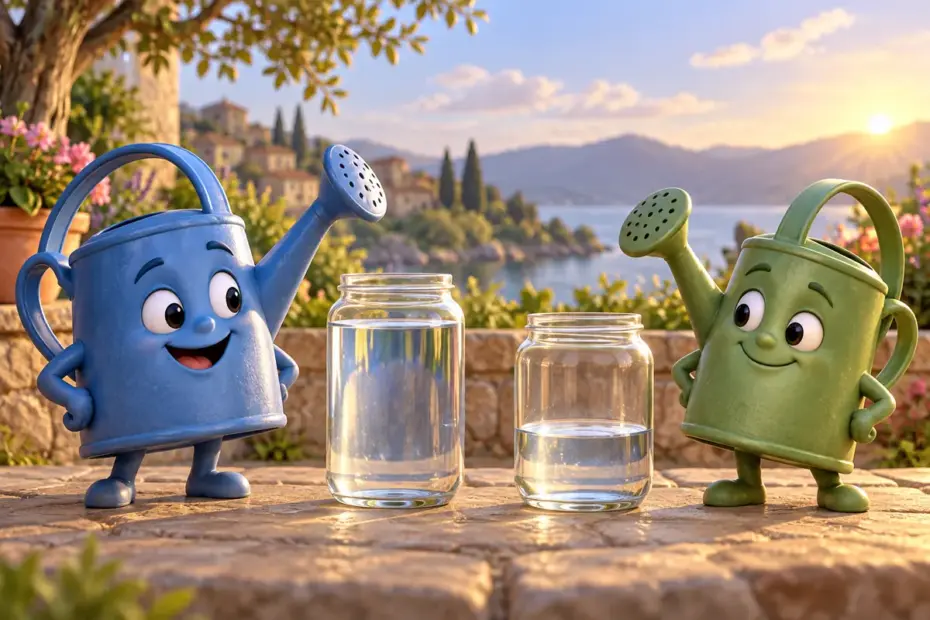 Two watering cans stand beside different water levels in clear jars.