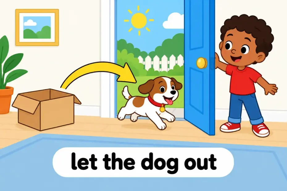 A cartoon puppy bounds through an open door as a child holds it wide, showing let out in a sentence as release from a room.