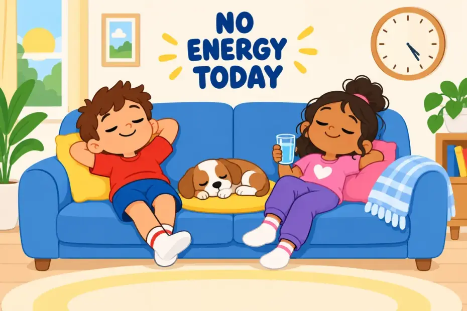 Cartoon children slump on a sofa beside a sleeping puppy, showing lethargic in a sentence as a heavy lack of energy.