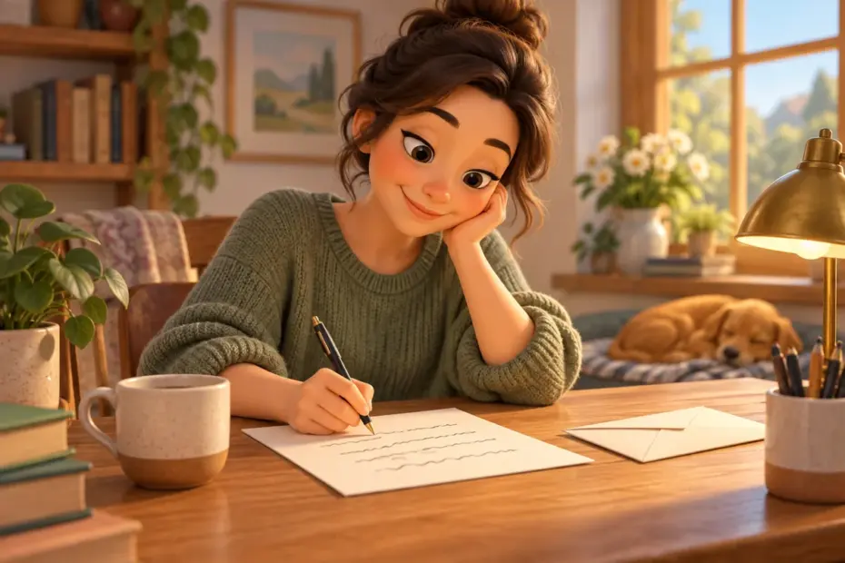 A writer prepares a personal letter beside an envelope.