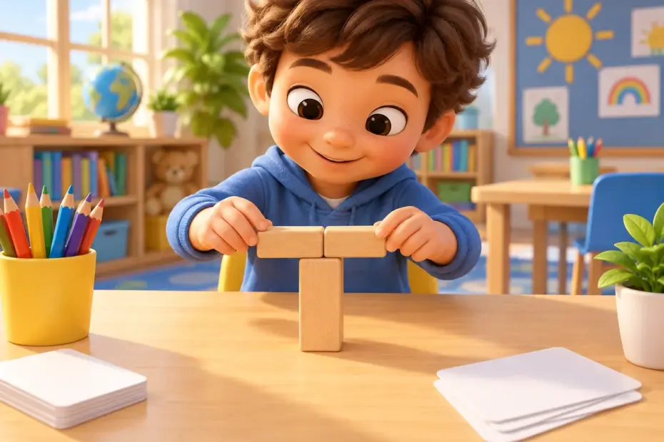 A child arranges wooden pieces into the shape of a capital T.