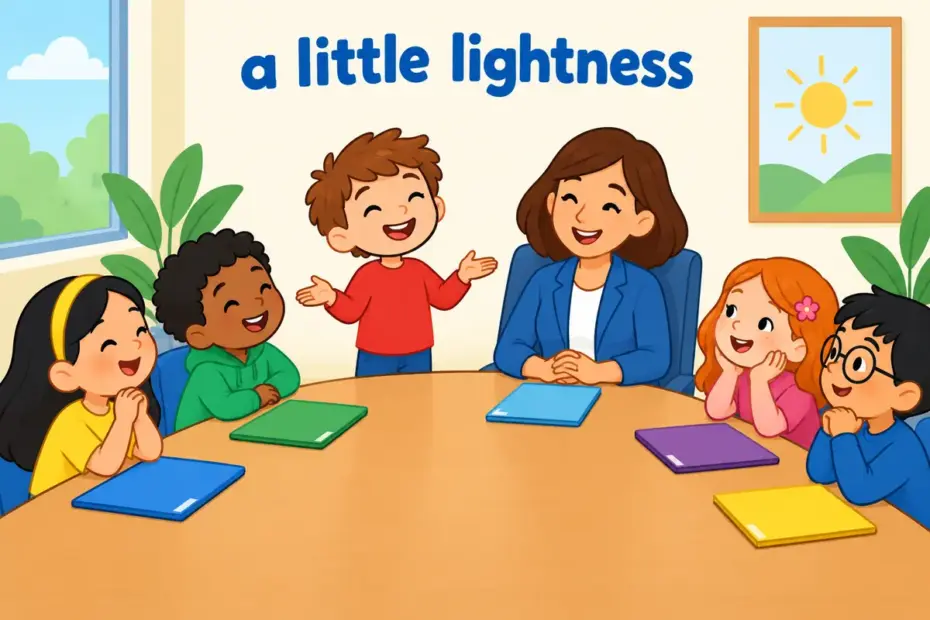 Cartoon children smile at a long meeting table as one tells a gentle joke, showing levity in a sentence.