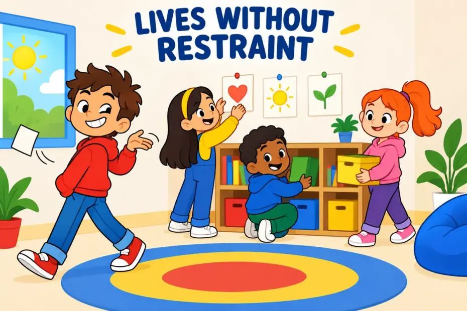 Cartoon children tidy a clubhouse while one careless figure tosses aside rule cards, showing libertine in a sentence as ignoring restraint.