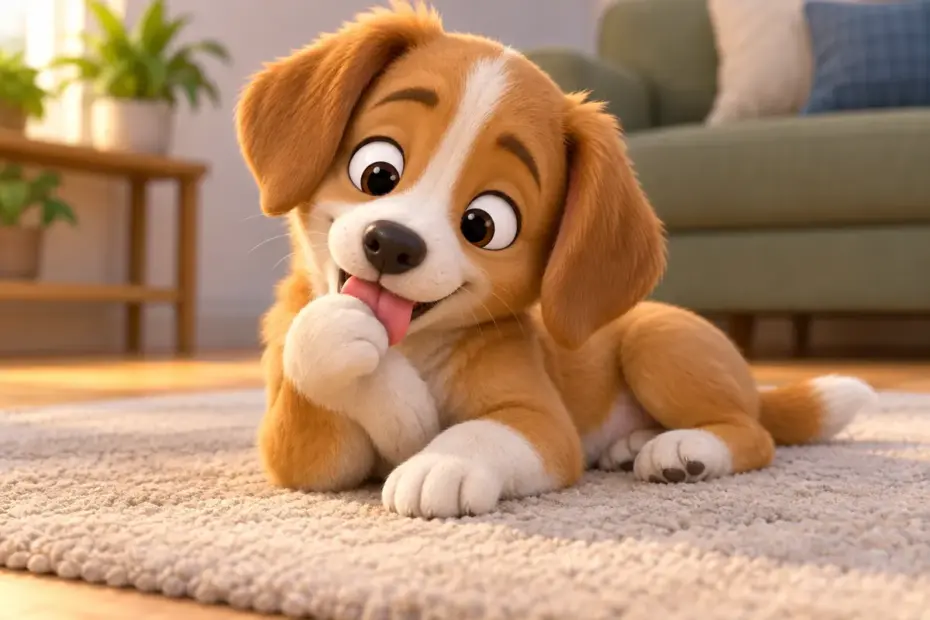 A puppy licks its own paw on a plain rug.