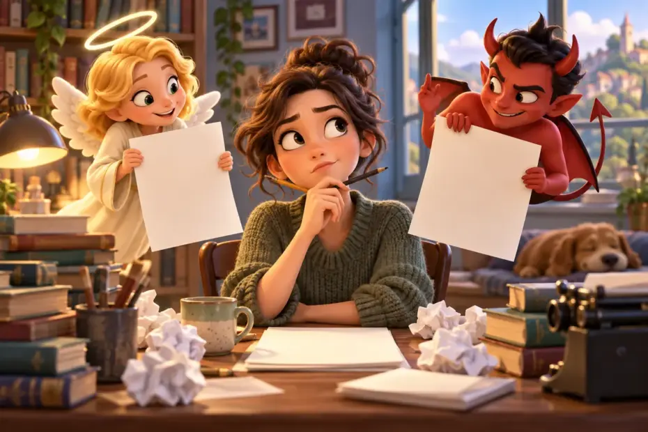 A writer reviews a stack of blank pages.