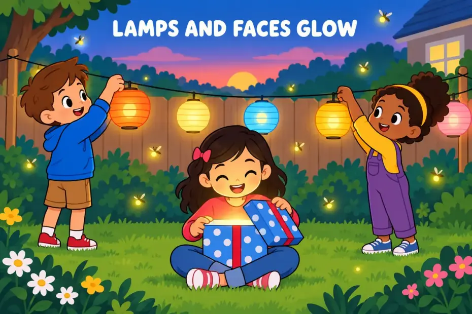 Cartoon children light up a dark garden with lanterns as one child beams with joy.