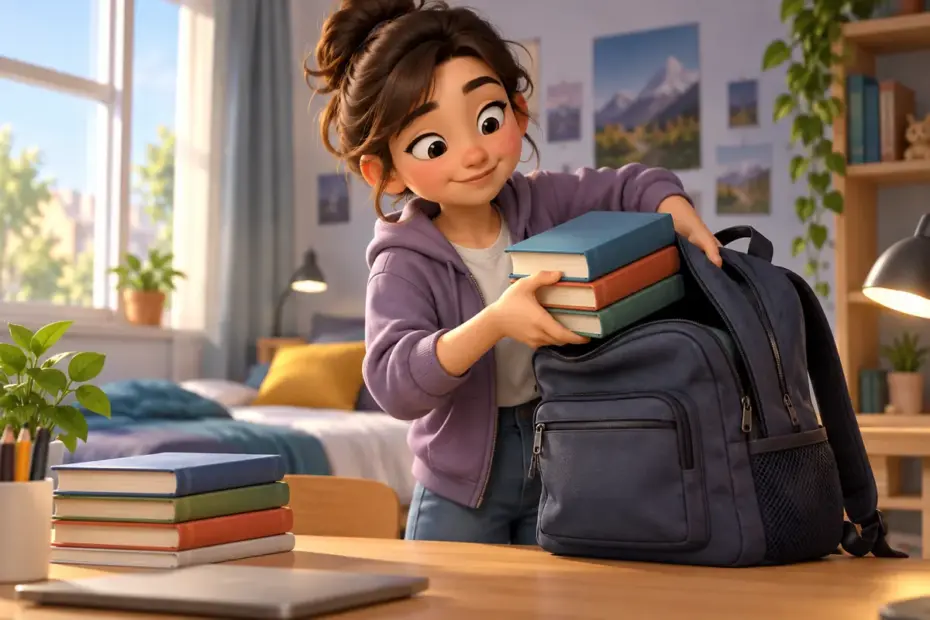 A student removes books from a heavy backpack.