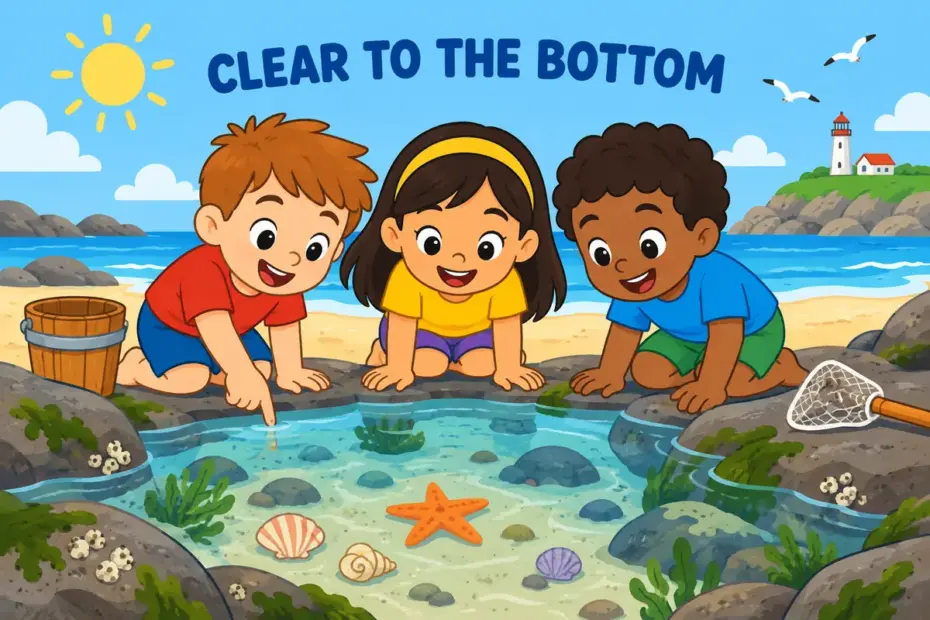 Cartoon children look through a limpid rock pool to its sandy bottom, showing limpid in a sentence as perfect clarity.