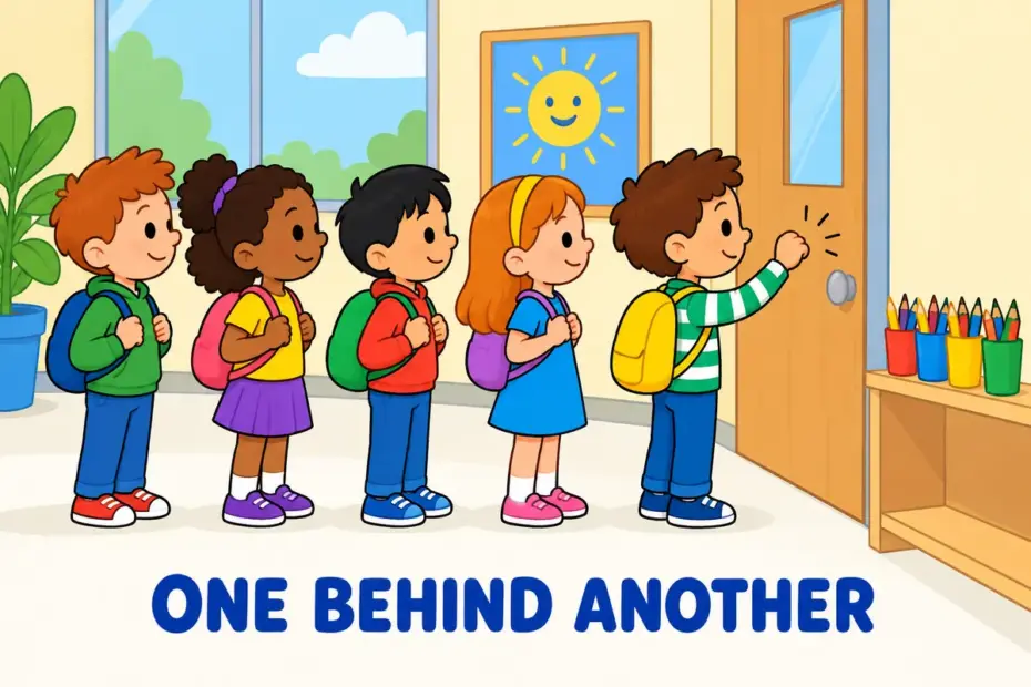 Cartoon pupils form a neat row at a classroom door, showing line up in a sentence as one behind another.