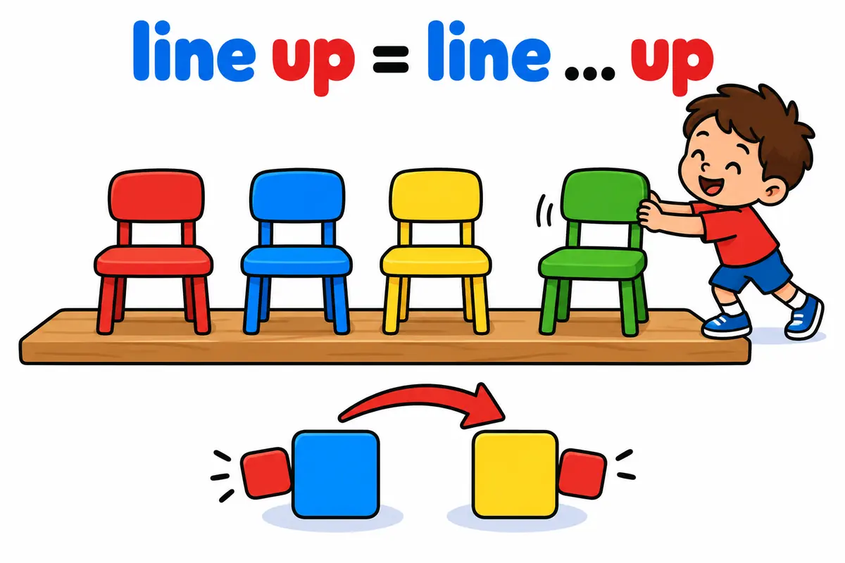 A cartoon child moves a chair picture to the end of a row while an arrow shows the particle up sliding after the object.