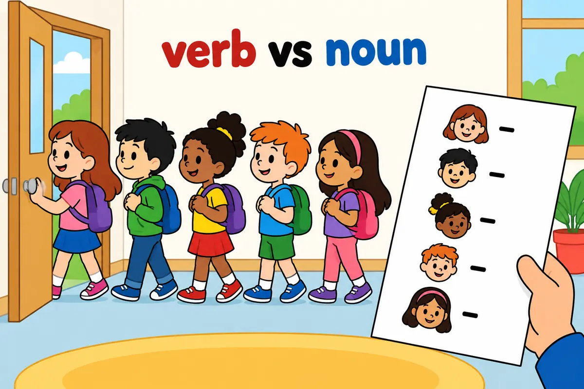A single unified cartoon scene contrasts children forming a row at a door with a printed team sheet showing a hyphenated line-up.