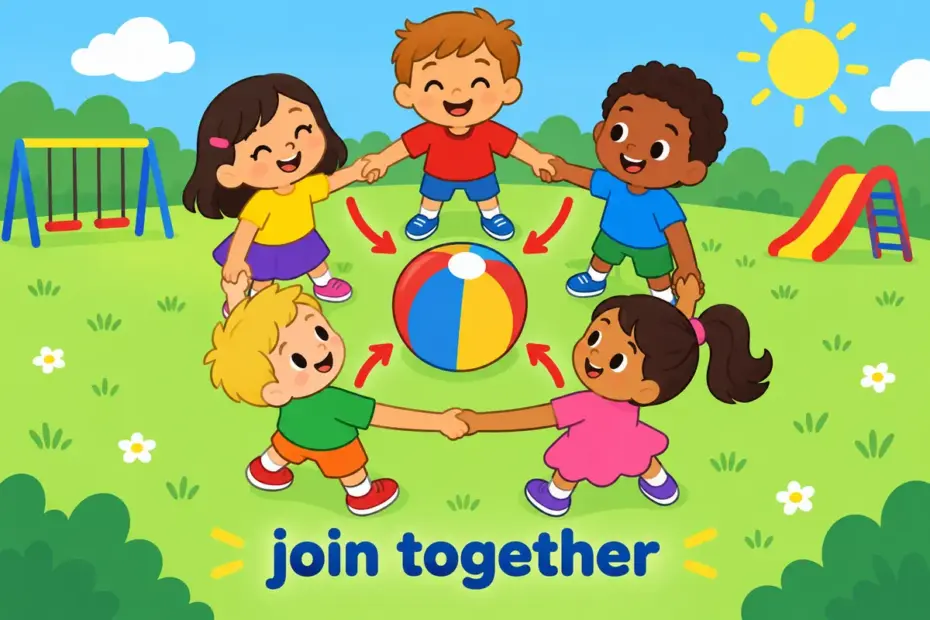 Cartoon children joining hands in a circle, showing link up in a sentence as joining together.