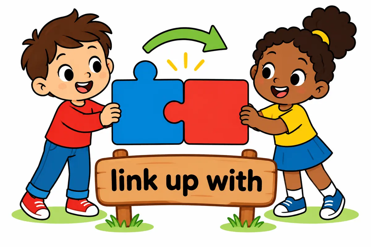 Cartoon two puzzle pieces slide together beside a small arrow, showing the pattern link up with.