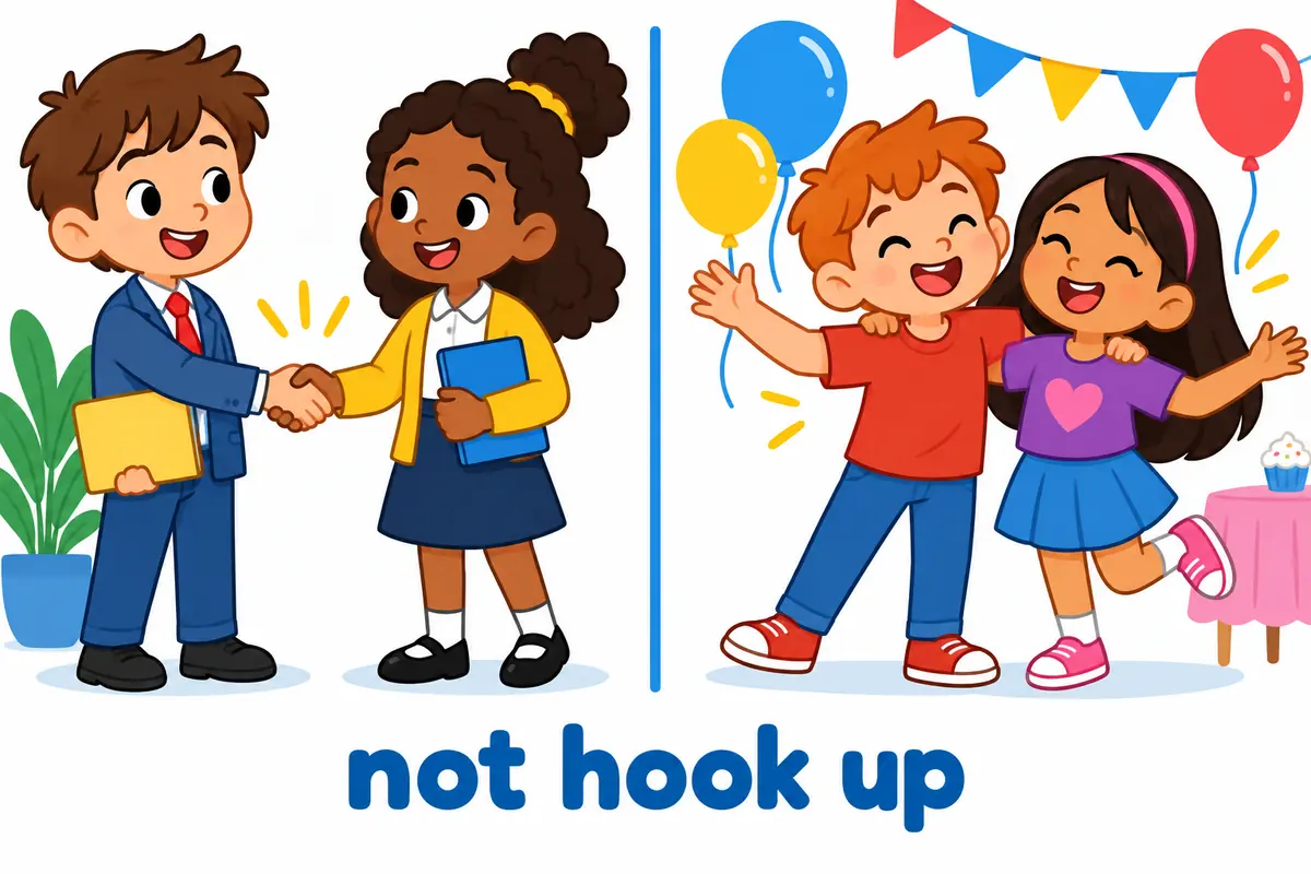 Cartoon split scene contrasts two colleagues shaking hands with two friends chatting at a party.