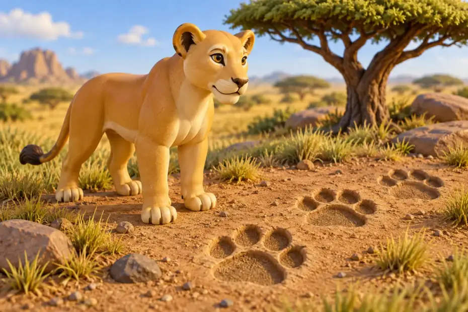 A golden lioness figurine stands on a small savanna display beside feline paw prints.