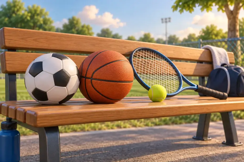 A soccer ball, basketball, and tennis racket sit on a sports bench.