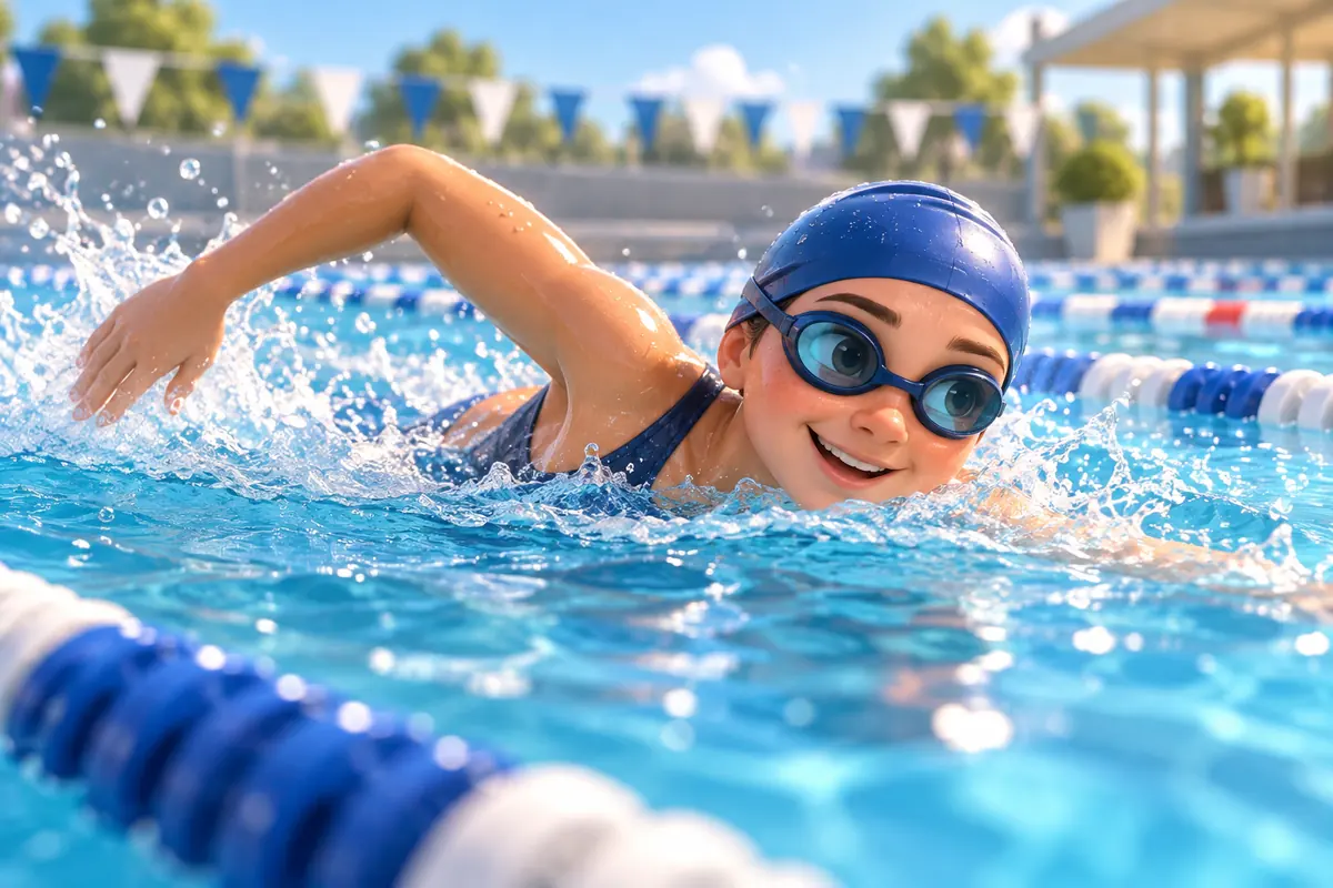 A swimmer moves through a pool lane.