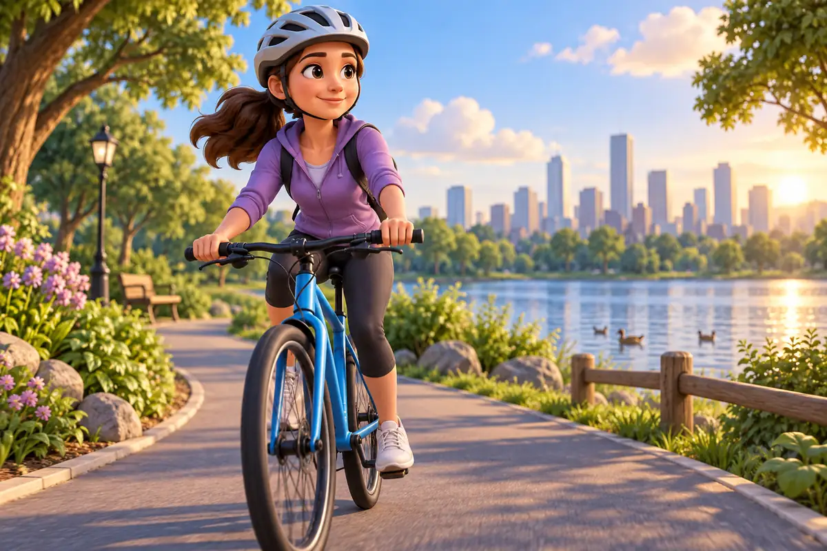 A cyclist rides along a paved park path wearing a helmet.