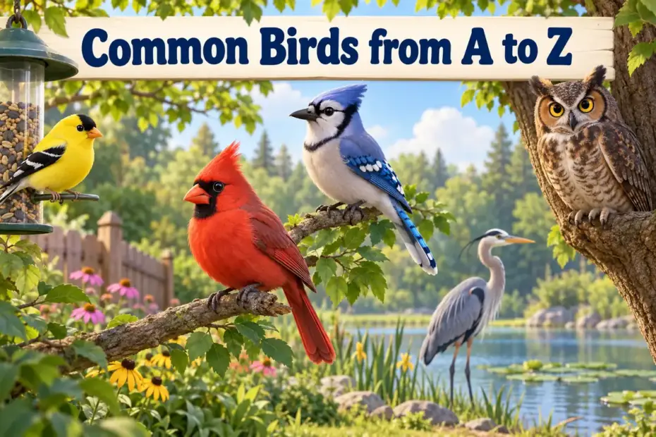 A group of familiar birds, including a goldfinch, cardinal, blue jay, heron, and owl, in a woodland and pond habitat.