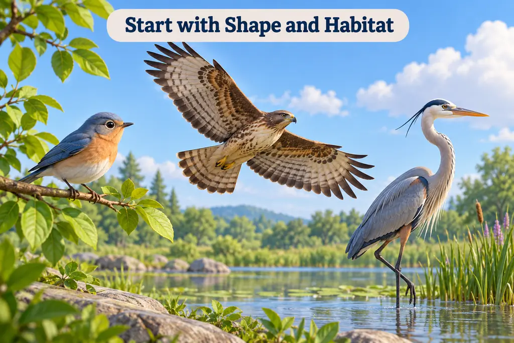 A small songbird, a broad-winged hawk, and a long-legged heron show how body shape helps identify birds.