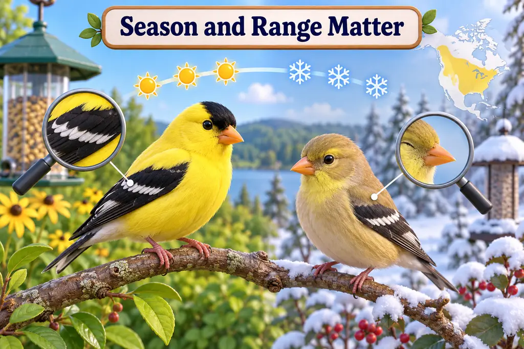 Two American Goldfinches show brighter breeding plumage and duller winter coloring, with magnified feather details.