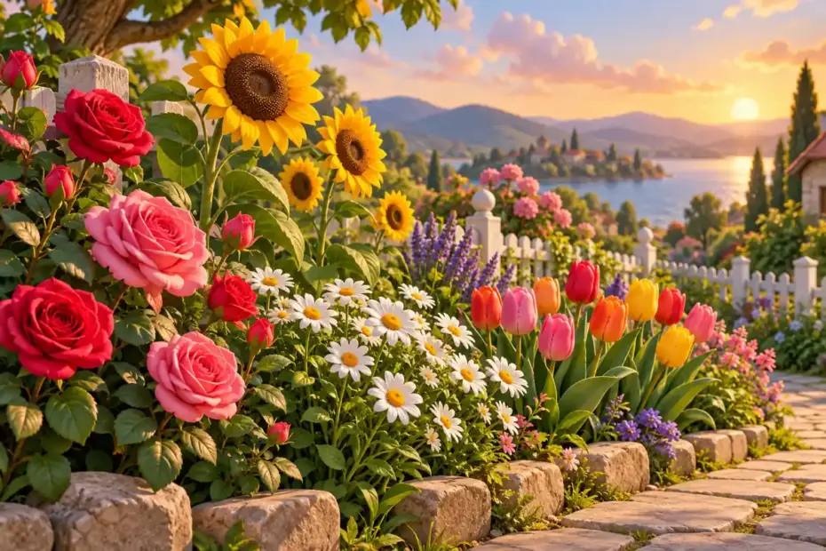 A colorful garden border with roses, sunflowers, daisies, and tulips arranged in natural clusters.