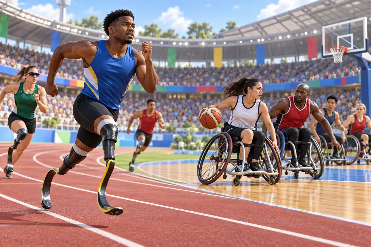 A Para athlete races on a track as wheelchair basketball players compete in a nearby court, showing the range of summer Paralympic sports.