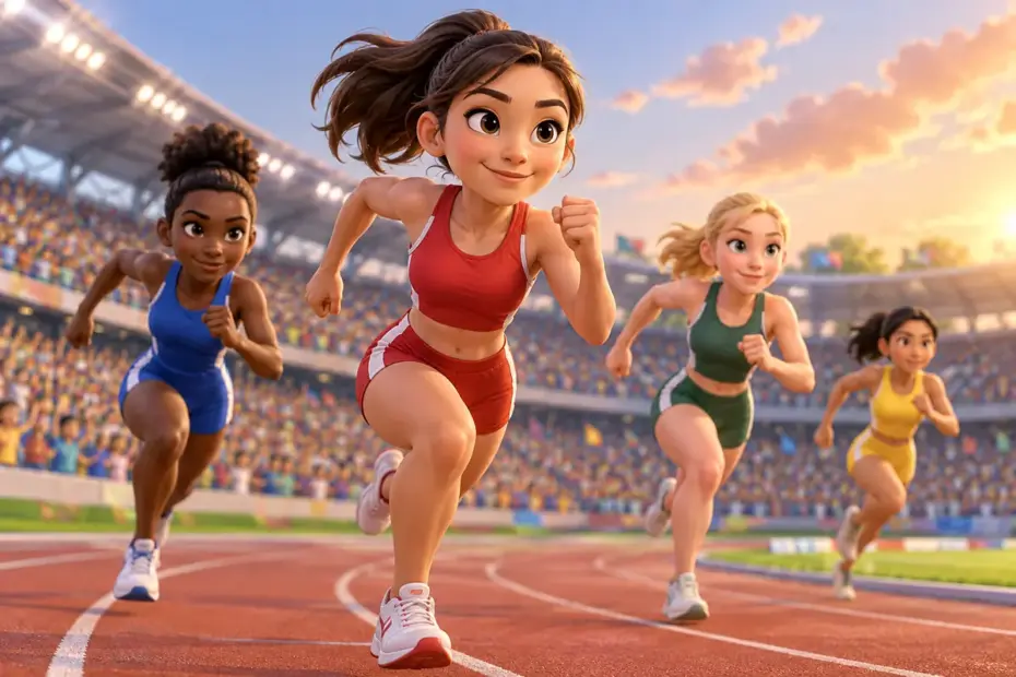 Athletes run on a stadium track.