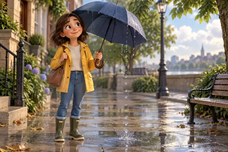 A child stands under a dripping umbrella on a wet sidewalk.