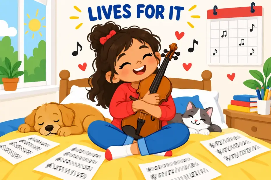Cartoon girl joyfully hugs a violin, illustrating live for in a sentence as the thing that gives her life its purpose.