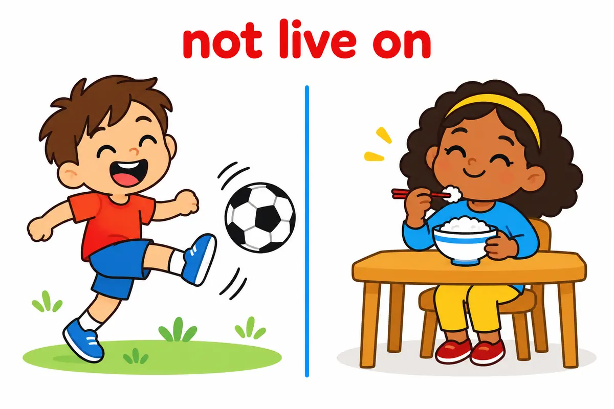 A split cartoon contrasts a child playing joyfully with a child eating a simple bowl of rice.