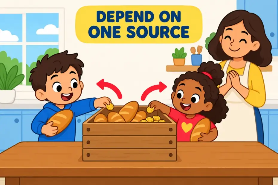 Cartoon children share food and coins drawn from a single crate, showing live off in a sentence as dependence on one source.