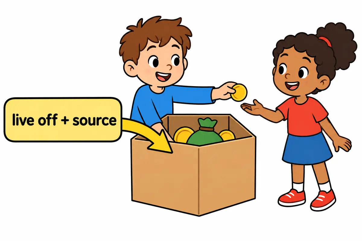 Cartoon children pull food and coins from one labelled box, showing the live off pattern of depending on a single source.