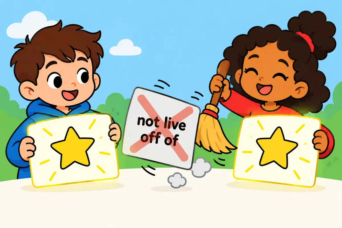 Cartoon hands cross out a small extra word card, showing that the phrase live off needs no of.
