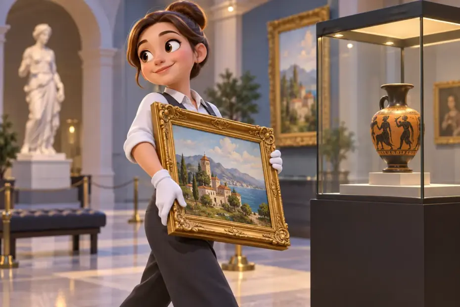 A museum worker carries a framed painting beside a display case.