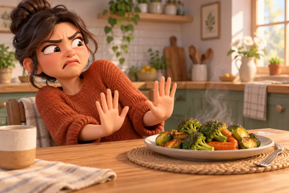 A diner recoils from an overcooked vegetable dish at a kitchen table.