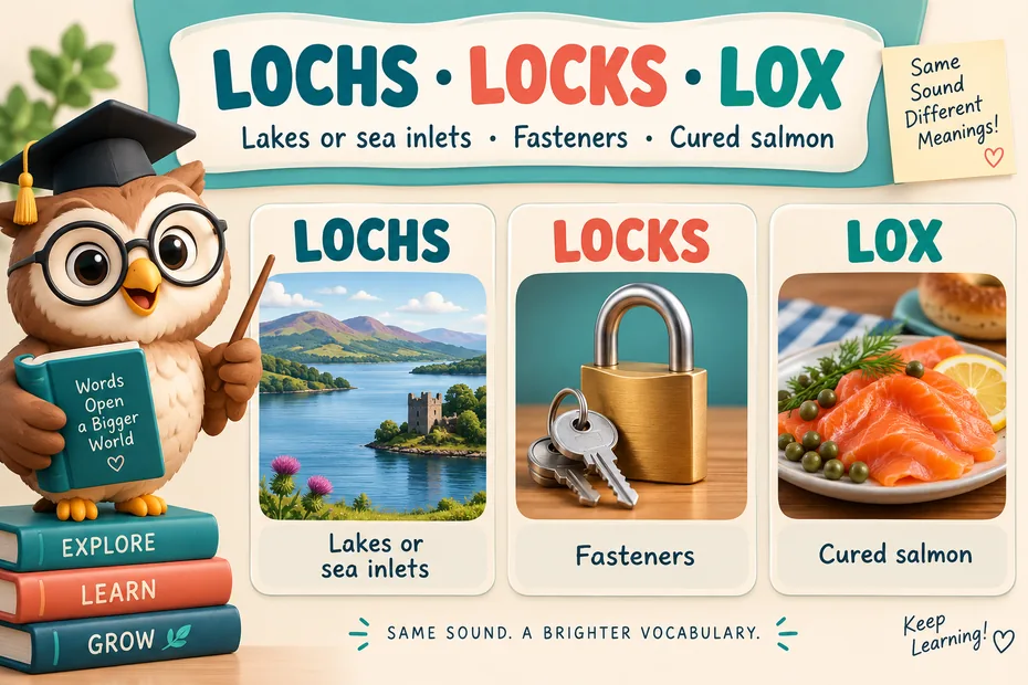 Lochs name lakes or sea inlets; locks have several noun senses; lox is cured salmon.