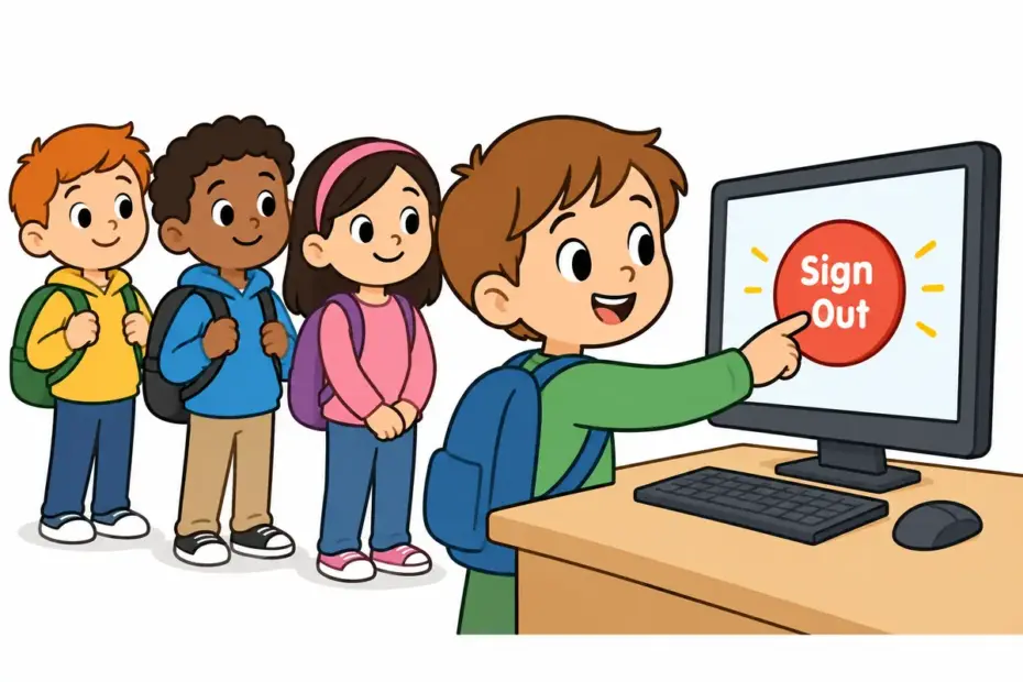 Cartoon children click a large sign-out button and close a computer session, showing log off in a sentence.