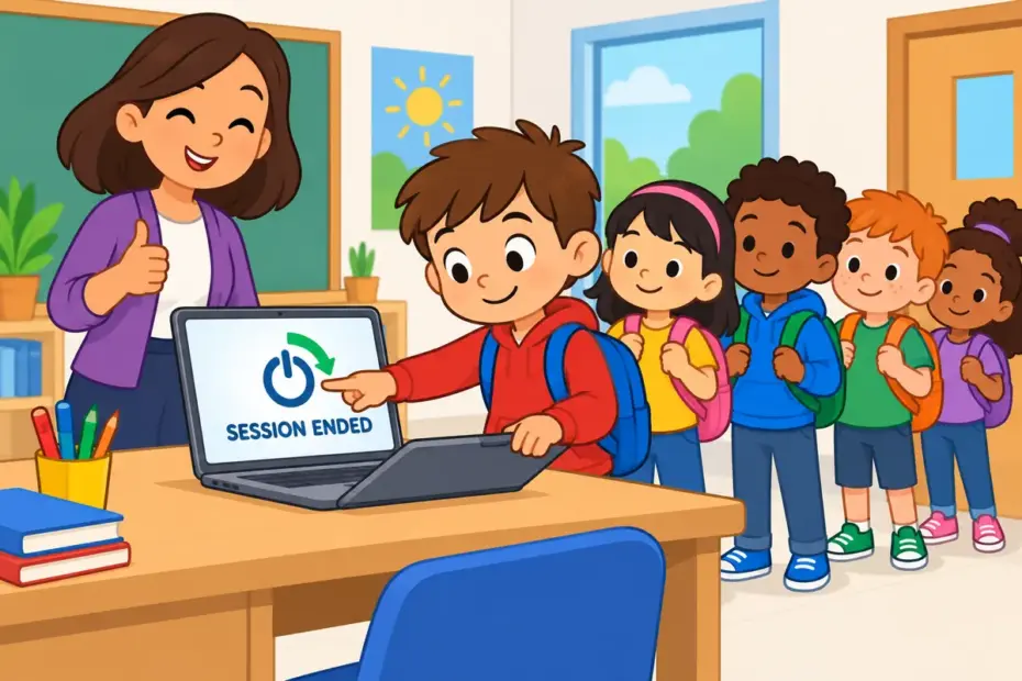 A cartoon child taps an exit icon and closes a laptop, showing log out in a sentence as ending an account session.