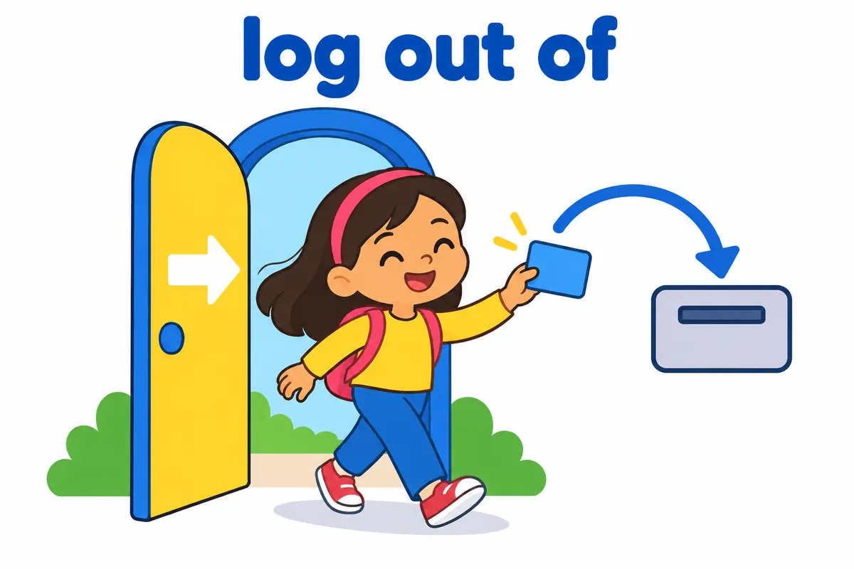 A cartoon child steps out of a doorway marked with a simple arrow while holding a blank account card, illustrating log out of.