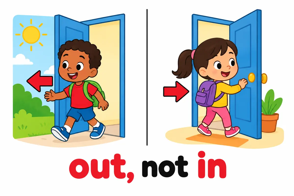 A cartoon split scene contrasts a child leaving through an open door on one side with a child entering through another door on the other.