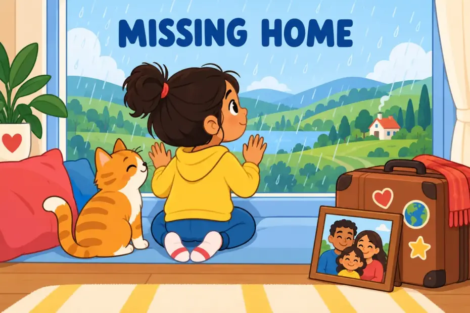 A cartoon child gazes from a rainy window toward distant hills, illustrating long for in a sentence as a wish for something absent.