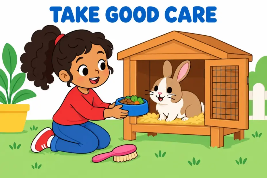Cartoon girl gently feeds and brushes a pet rabbit, illustrating look after in a sentence as everyday care.