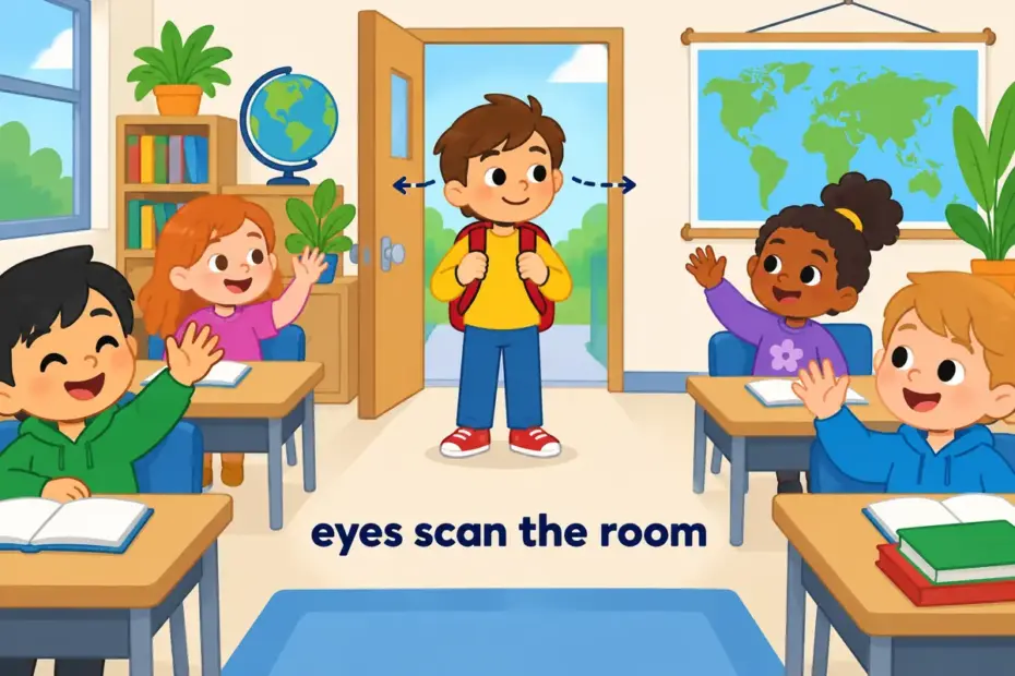 Cartoon child pauses in a classroom doorway and looks around the busy room, showing look around in a sentence as a careful survey.