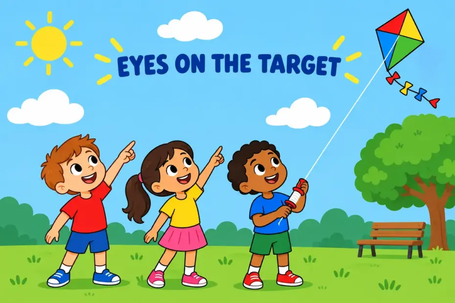 Cartoon children point and look at a bright kite in the sky, showing look at in a sentence as directed attention.