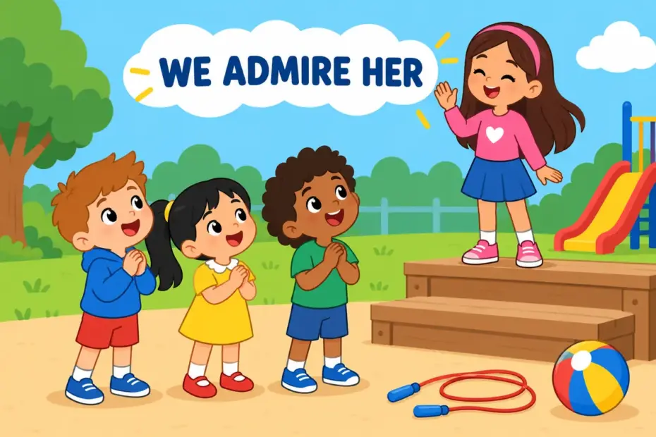Cartoon children stand below a taller student on a low step and look up to her with admiration, showing look up to in a sentence.