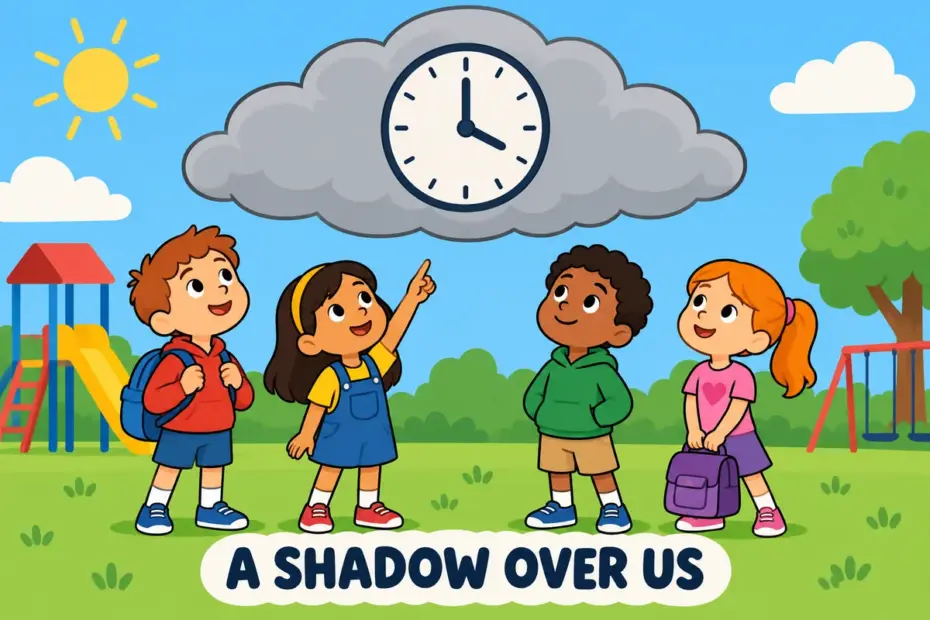 A cartoon child looks up at a large dark cloud shaped like a clock, showing loom over in a sentence.